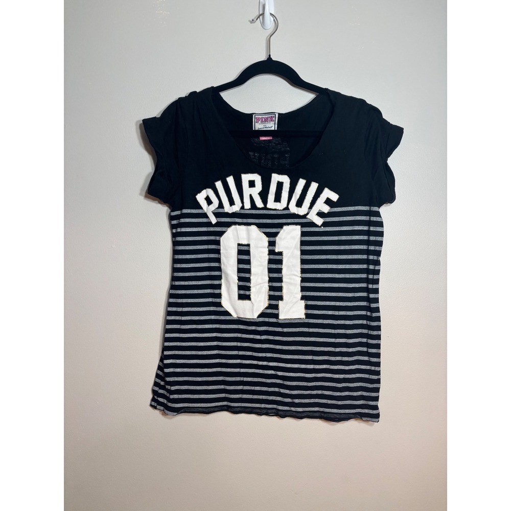 PINK Victoria's Secret Purdue University T-Shirt Womens Medium‎ Black Striped 01